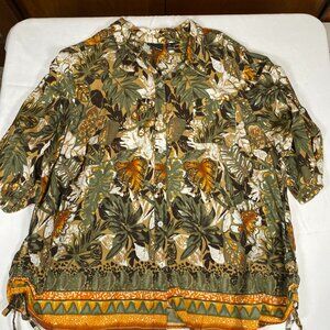 Erika Woman Plus Size Jungle Print Button Up Blouse 3X